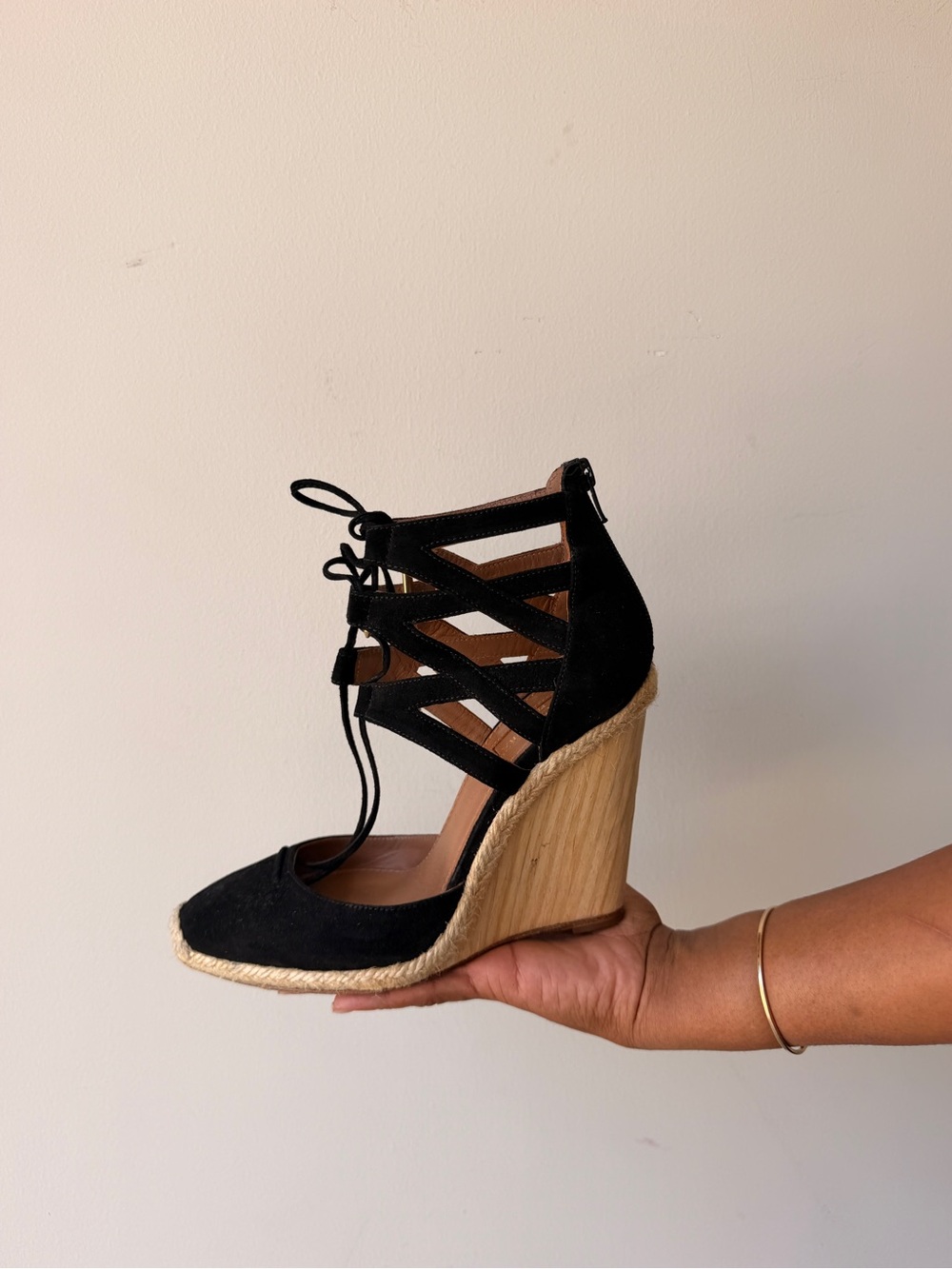 Aquazzura Black Lace-Up Wedge Espadrille